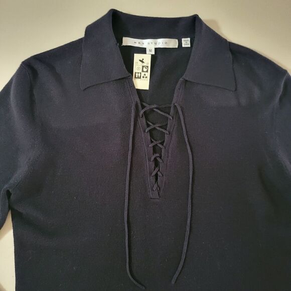Max Studio Black Lace-up Collared Long Sleeve Pullover Sweater - Picture 7 of 11